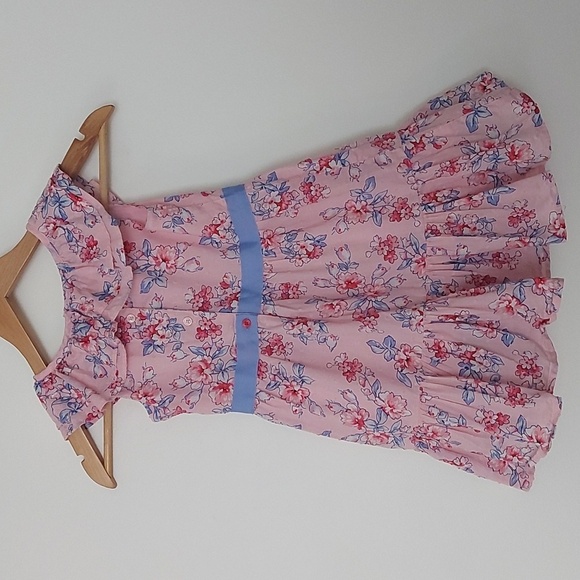Janie & Jack Pink Floral And Swiss Dot Dress With Ruffles And Blue Ribbon Waist - Picture 2 of 8